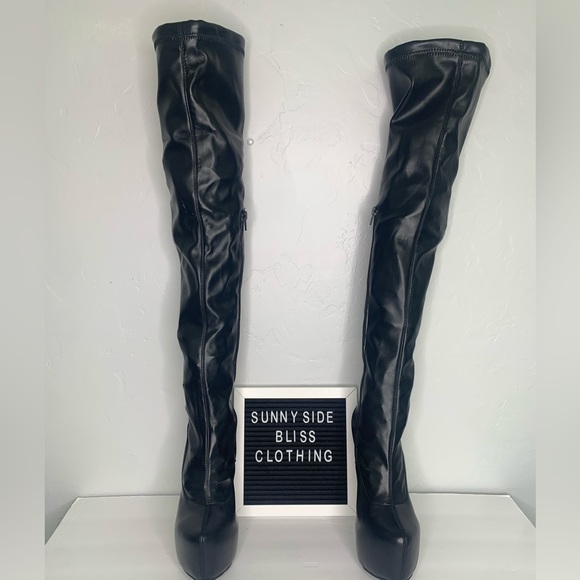 Black Faux Leather Thigh High Stiletto Boots Size 6 - Picture 6 of 14